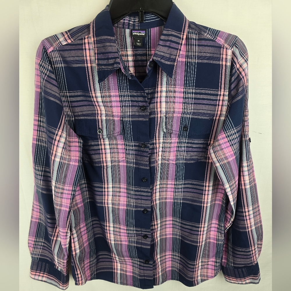 Patagonia Women's Plaid Button Down Shirt - Navy and Pink